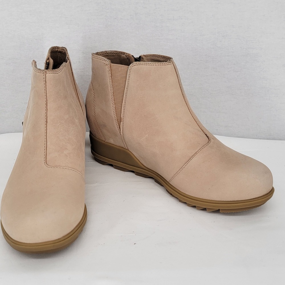 Sorel Evie Zip Tan Leather Wedge Ankle Boots Womens Size 10
